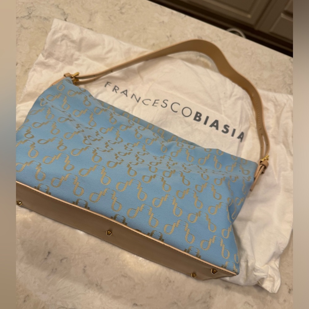 Pristine never carried Francesco Biasia designer blue woven back leather details